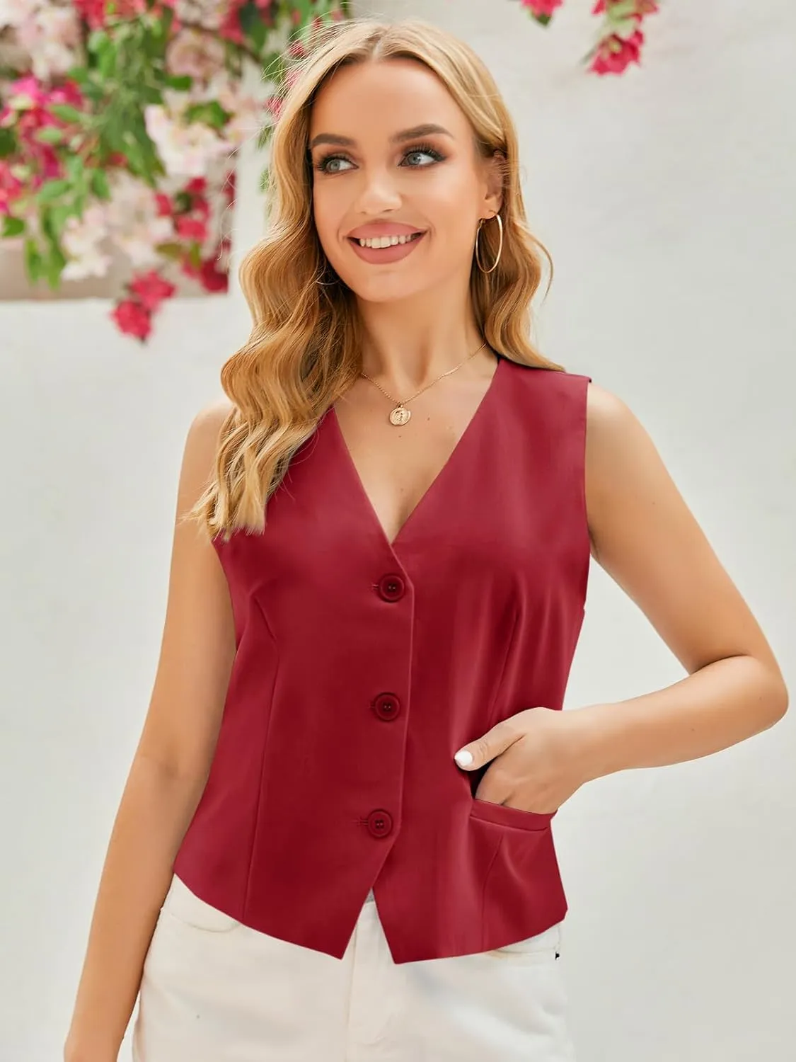 GAMISOTE Women Buttons Vest Crop Vintage Sleeveless V Neck Elastic Chiffon Waistcoat