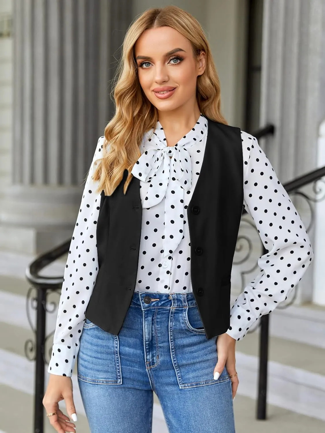 GAMISOTE Women Buttons Vest Crop Vintage Sleeveless V Neck Elastic Chiffon Waistcoat
