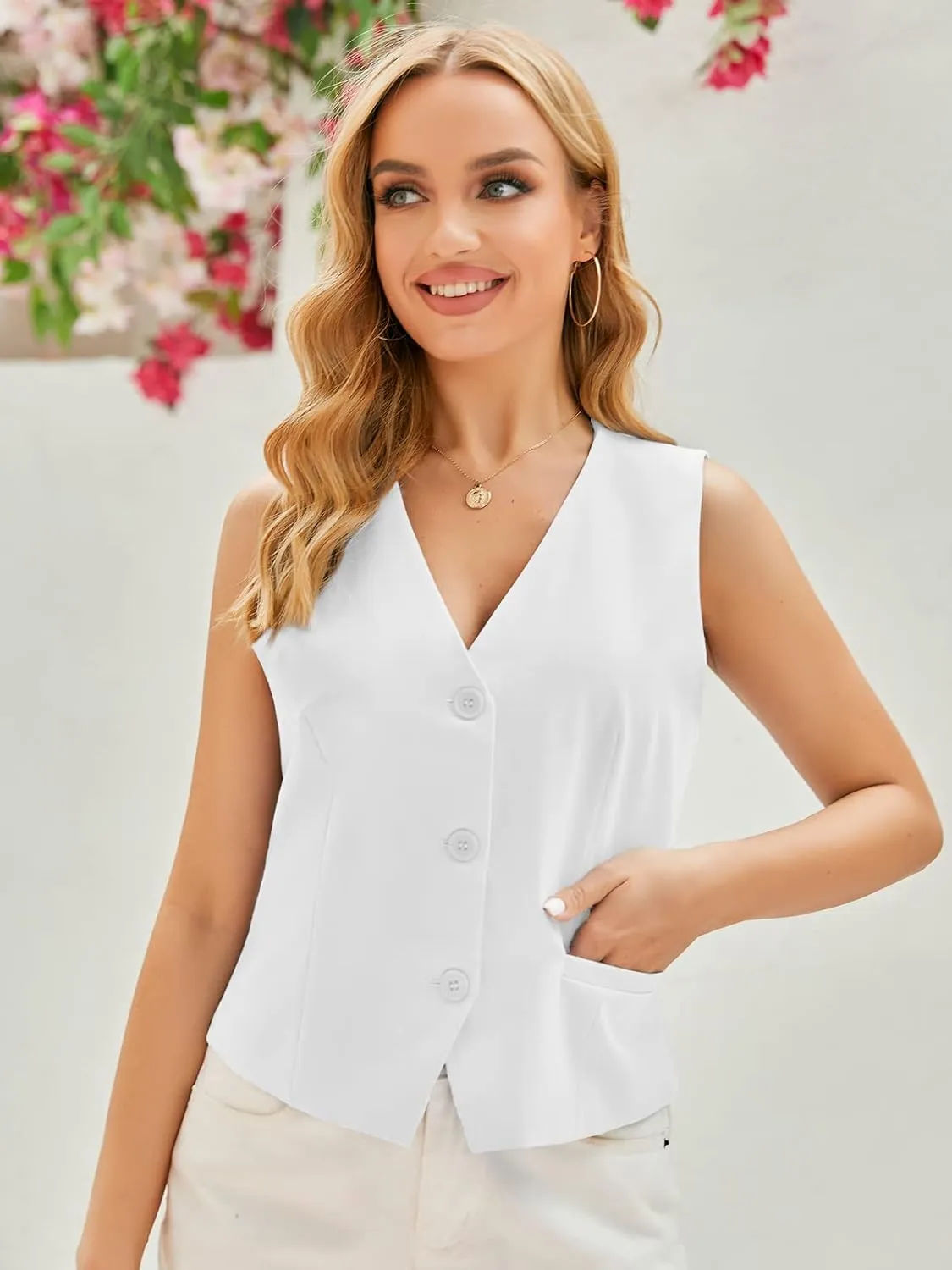GAMISOTE Women Buttons Vest Crop Vintage Sleeveless V Neck Elastic Chiffon Waistcoat