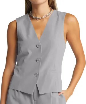 GAMISOTE Women Buttons Vest Crop Vintage Sleeveless V Neck Elastic Chiffon Waistcoat