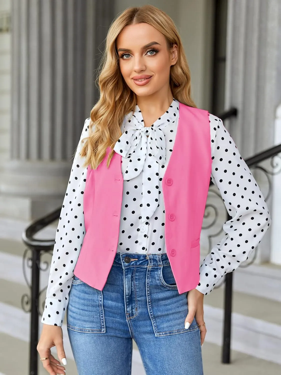 GAMISOTE Women Buttons Vest Crop Vintage Sleeveless V Neck Elastic Chiffon Waistcoat
