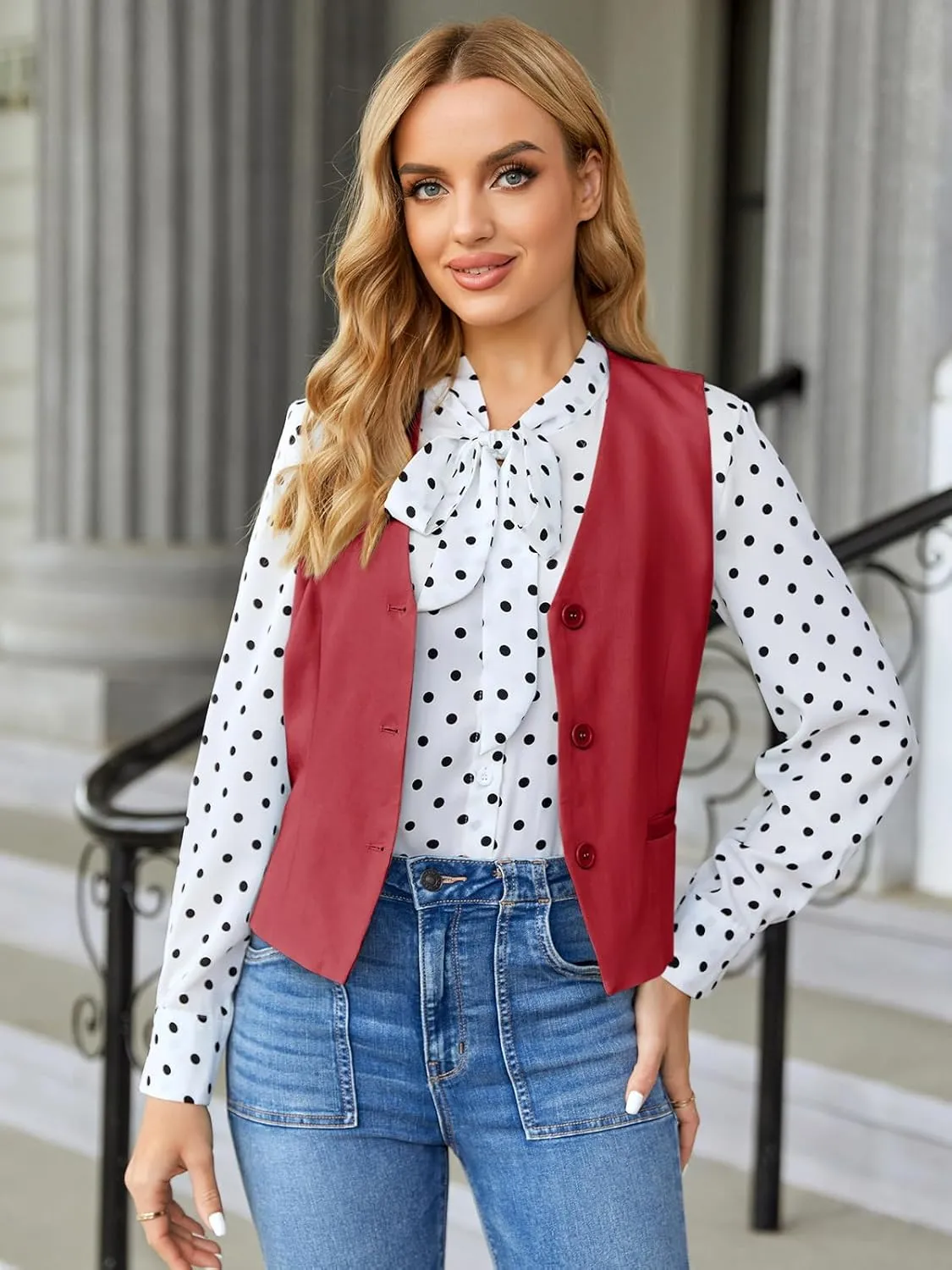 GAMISOTE Women Buttons Vest Crop Vintage Sleeveless V Neck Elastic Chiffon Waistcoat