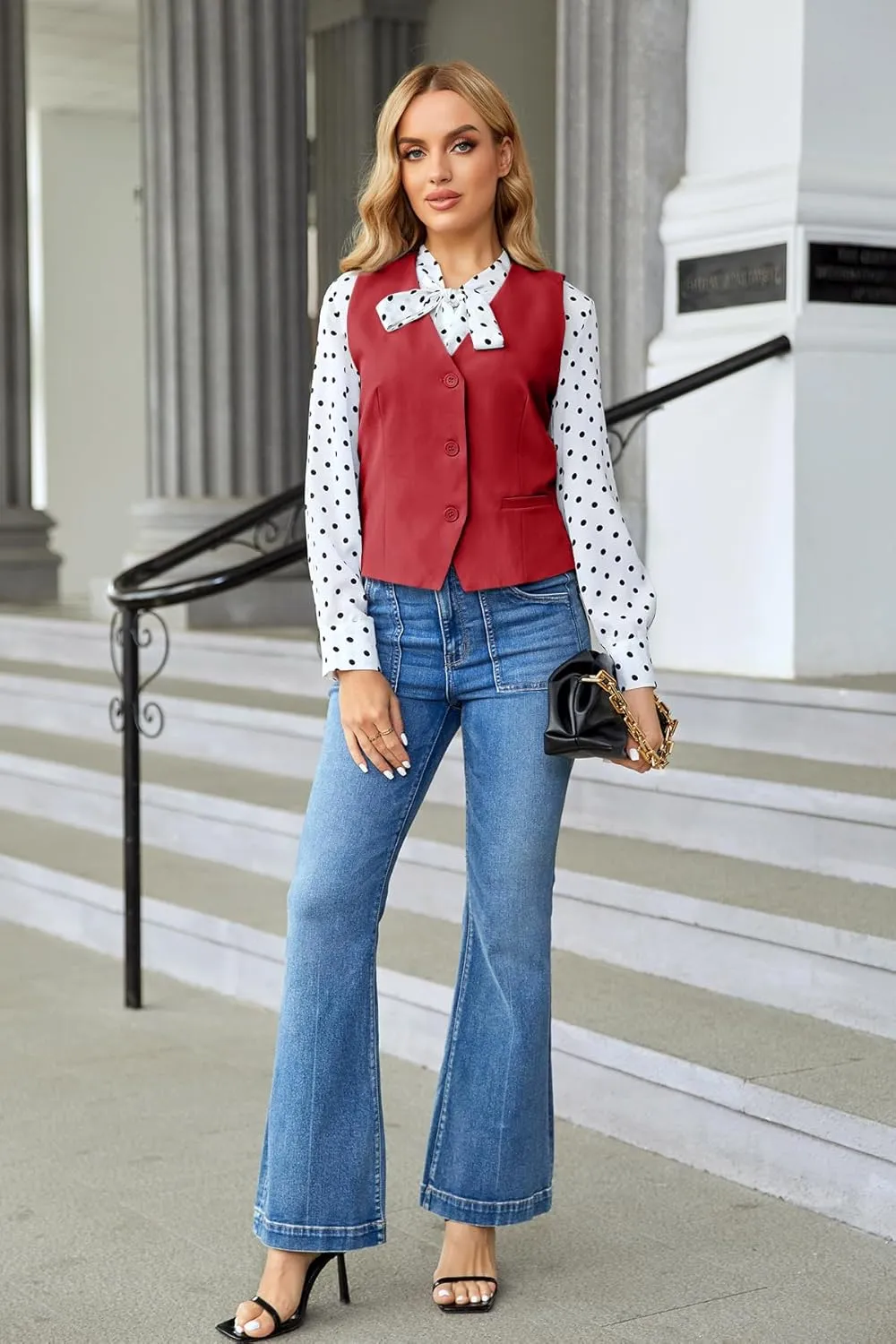 GAMISOTE Women Buttons Vest Crop Vintage Sleeveless V Neck Elastic Chiffon Waistcoat