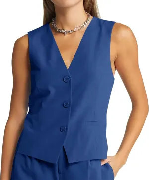 GAMISOTE Women Buttons Vest Crop Vintage Sleeveless V Neck Elastic Chiffon Waistcoat