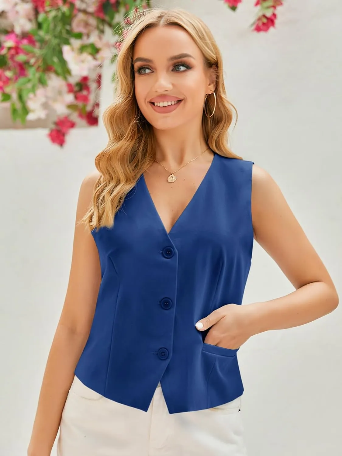 GAMISOTE Women Buttons Vest Crop Vintage Sleeveless V Neck Elastic Chiffon Waistcoat