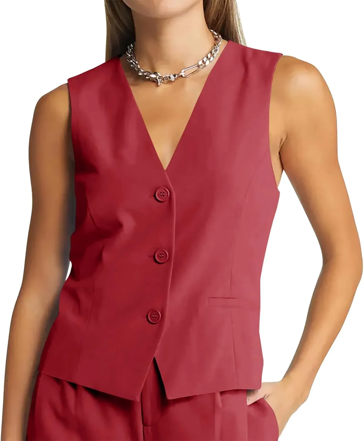 GAMISOTE Women Buttons Vest Crop Vintage Sleeveless V Neck Elastic Chiffon Waistcoat