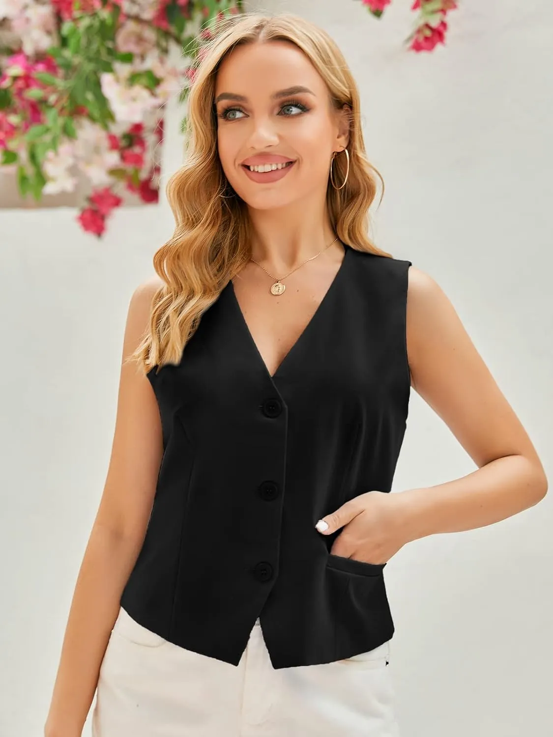 GAMISOTE Women Buttons Vest Crop Vintage Sleeveless V Neck Elastic Chiffon Waistcoat