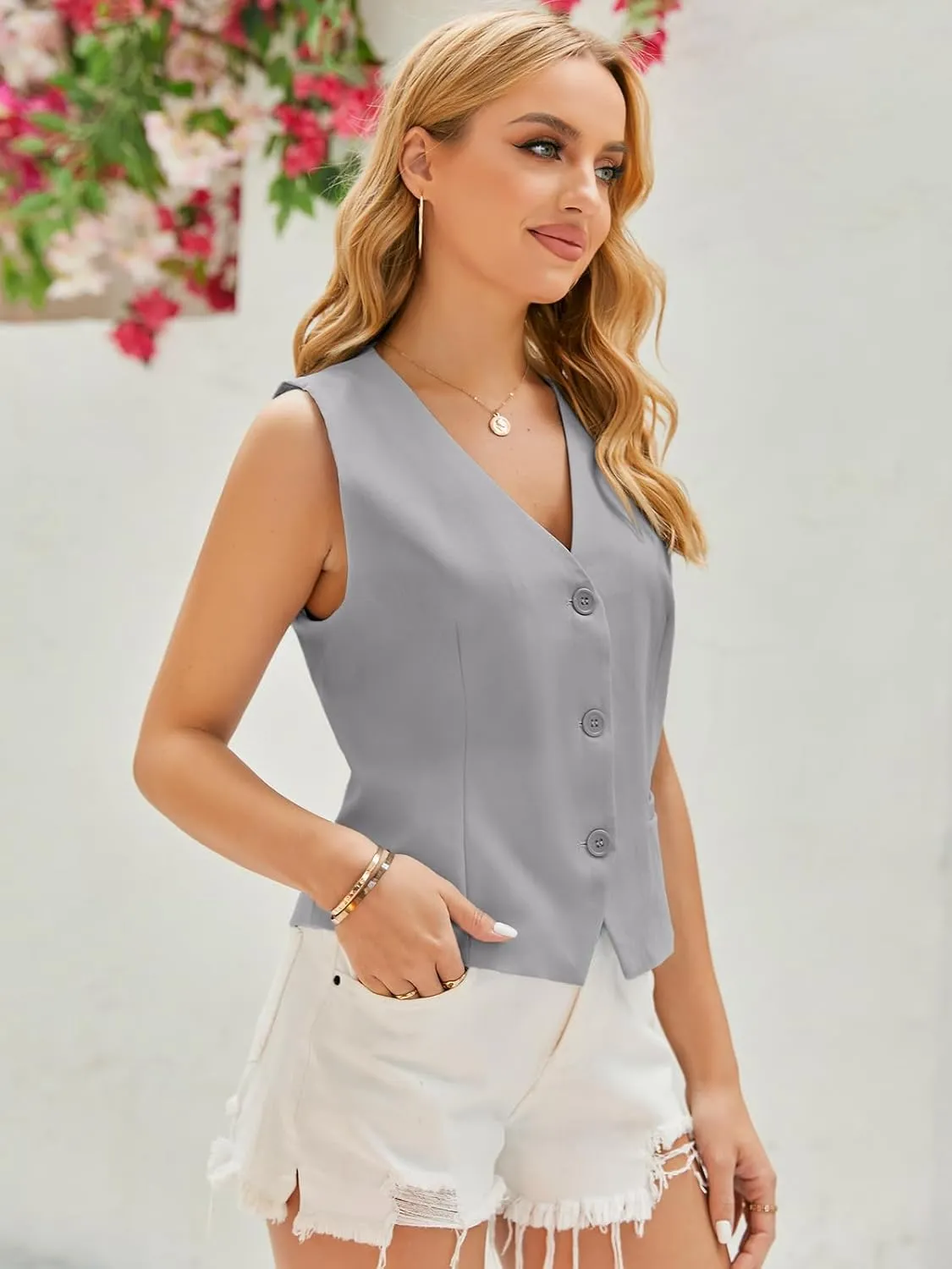 GAMISOTE Women Buttons Vest Crop Vintage Sleeveless V Neck Elastic Chiffon Waistcoat