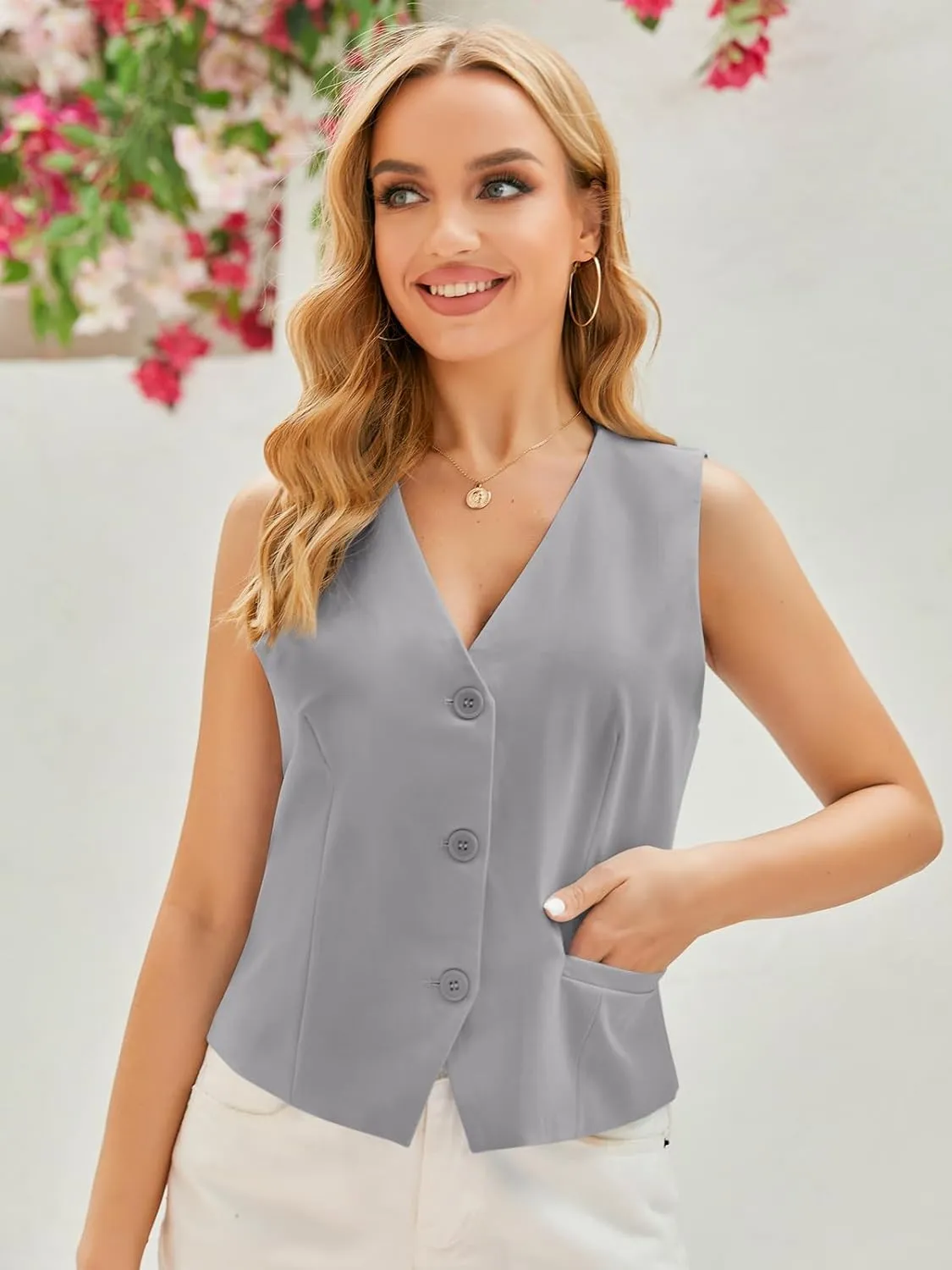 GAMISOTE Women Buttons Vest Crop Vintage Sleeveless V Neck Elastic Chiffon Waistcoat
