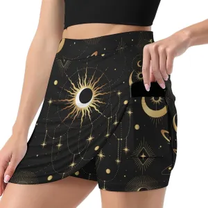 Gold Astrology Mystical Elements Women's Mini Tennis Skirt with Shorts Underneath Athletic Workout Cute Skorts