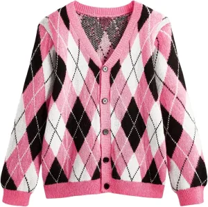 GORGLITTER Men's Argyle Sweaters Cardigan Trendy Long Sleeve V Neck Buttons Cardigan