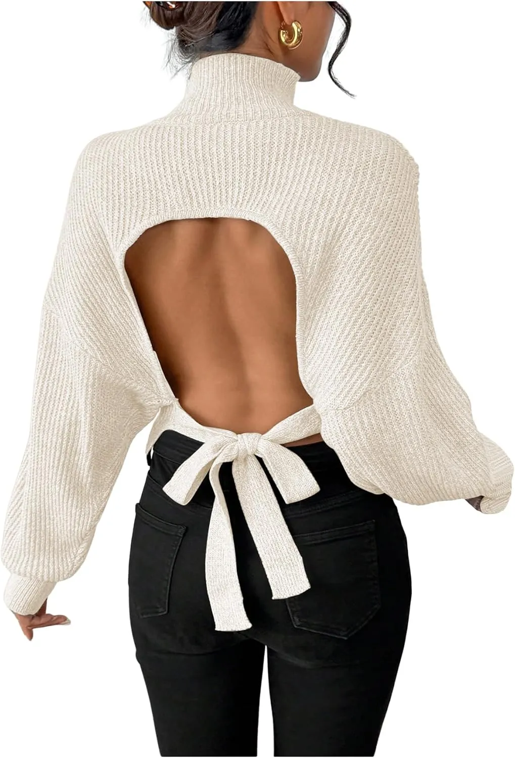 GORGLITTER Women's Bow Sweater Open Tie Back Long Sleeve Mock Neck Backless Pullover Top Fall Fashion 2024