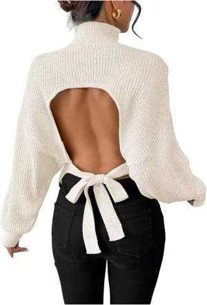 GORGLITTER Women's Bow Sweater Open Tie Back Long Sleeve Mock Neck Backless Pullover Top Fall Fashion 2024