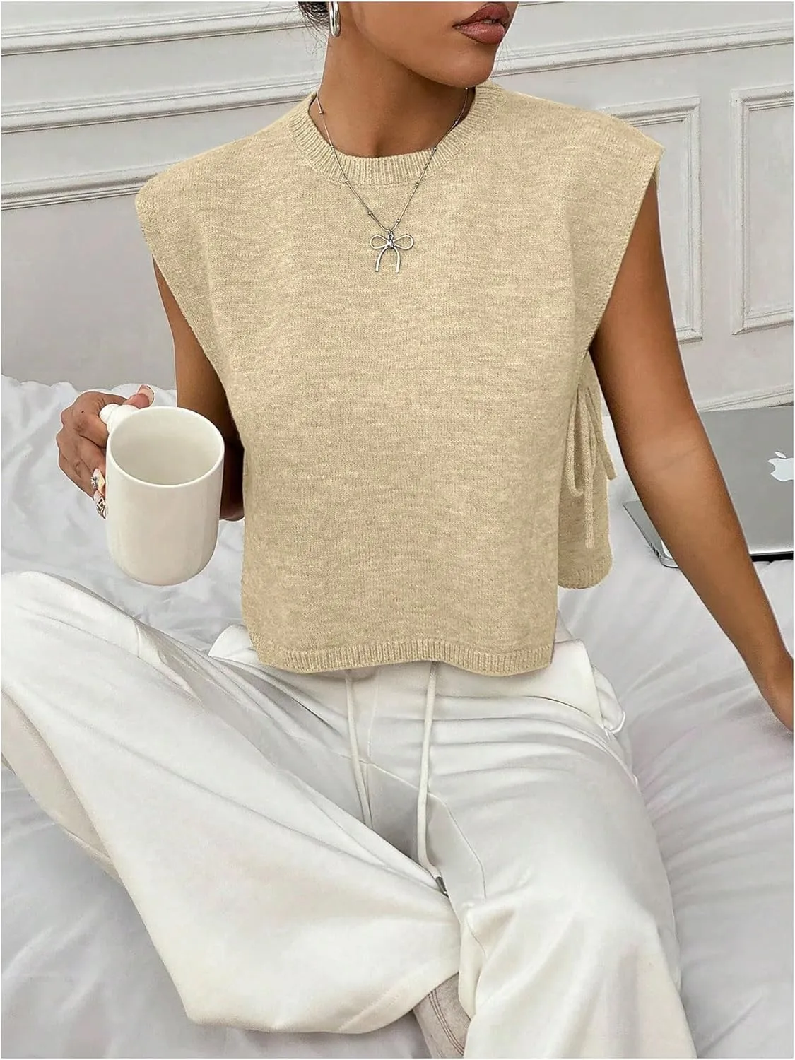 GORGLITTER Women's Cap Sleeve Sweater Tank Tops Cropped Sleeveless Side Tie Sweater Vest Crew Neck Causal Knit Top