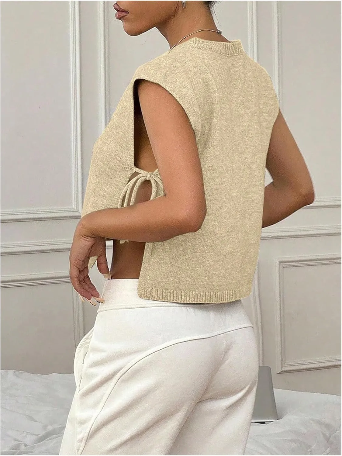GORGLITTER Women's Cap Sleeve Sweater Tank Tops Cropped Sleeveless Side Tie Sweater Vest Crew Neck Causal Knit Top