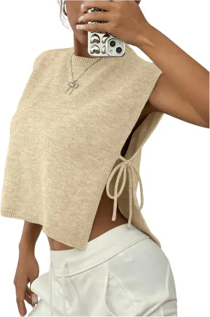 GORGLITTER Women's Cap Sleeve Sweater Tank Tops Cropped Sleeveless Side Tie Sweater Vest Crew Neck Causal Knit Top