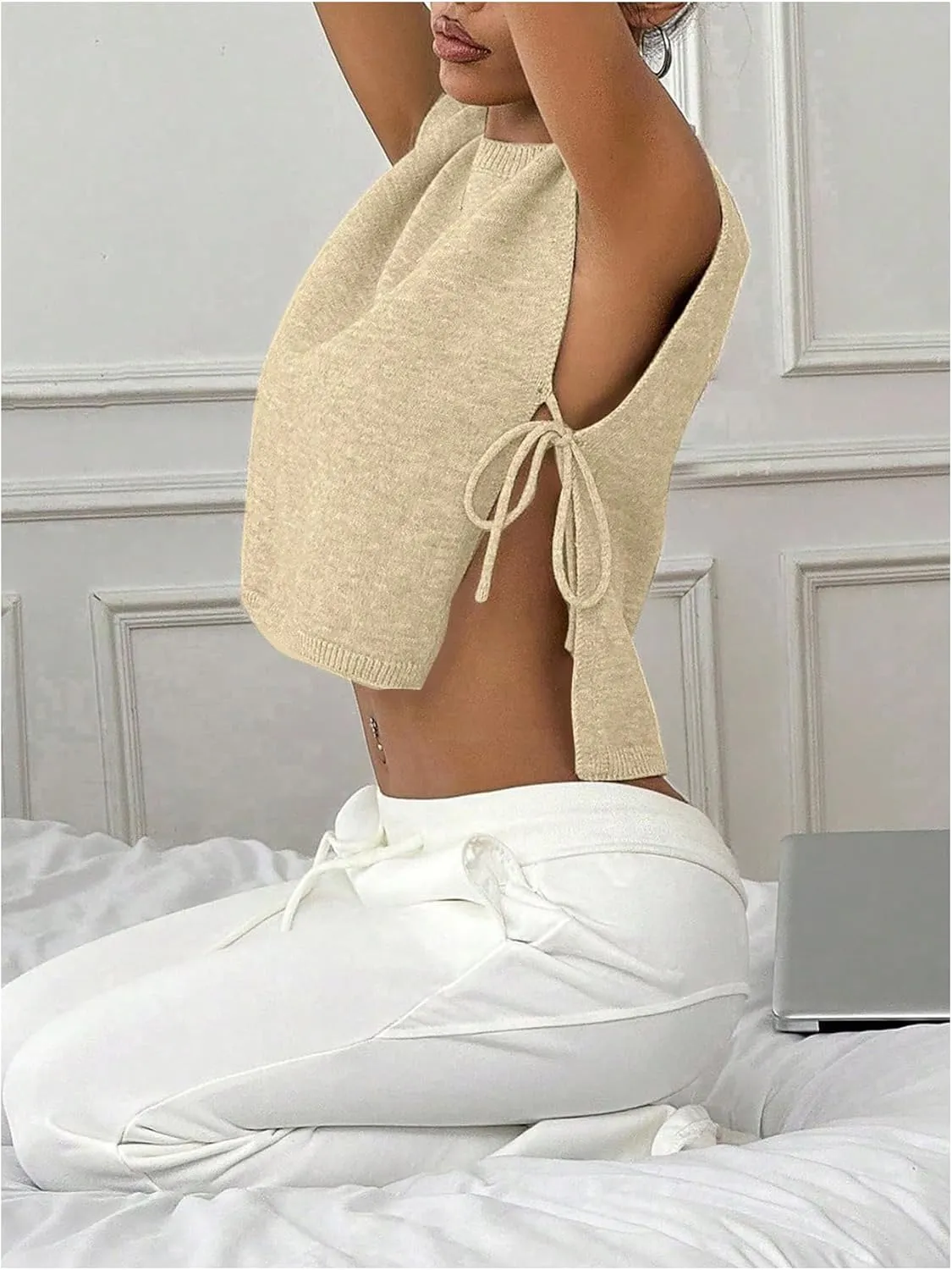 GORGLITTER Women's Cap Sleeve Sweater Tank Tops Cropped Sleeveless Side Tie Sweater Vest Crew Neck Causal Knit Top
