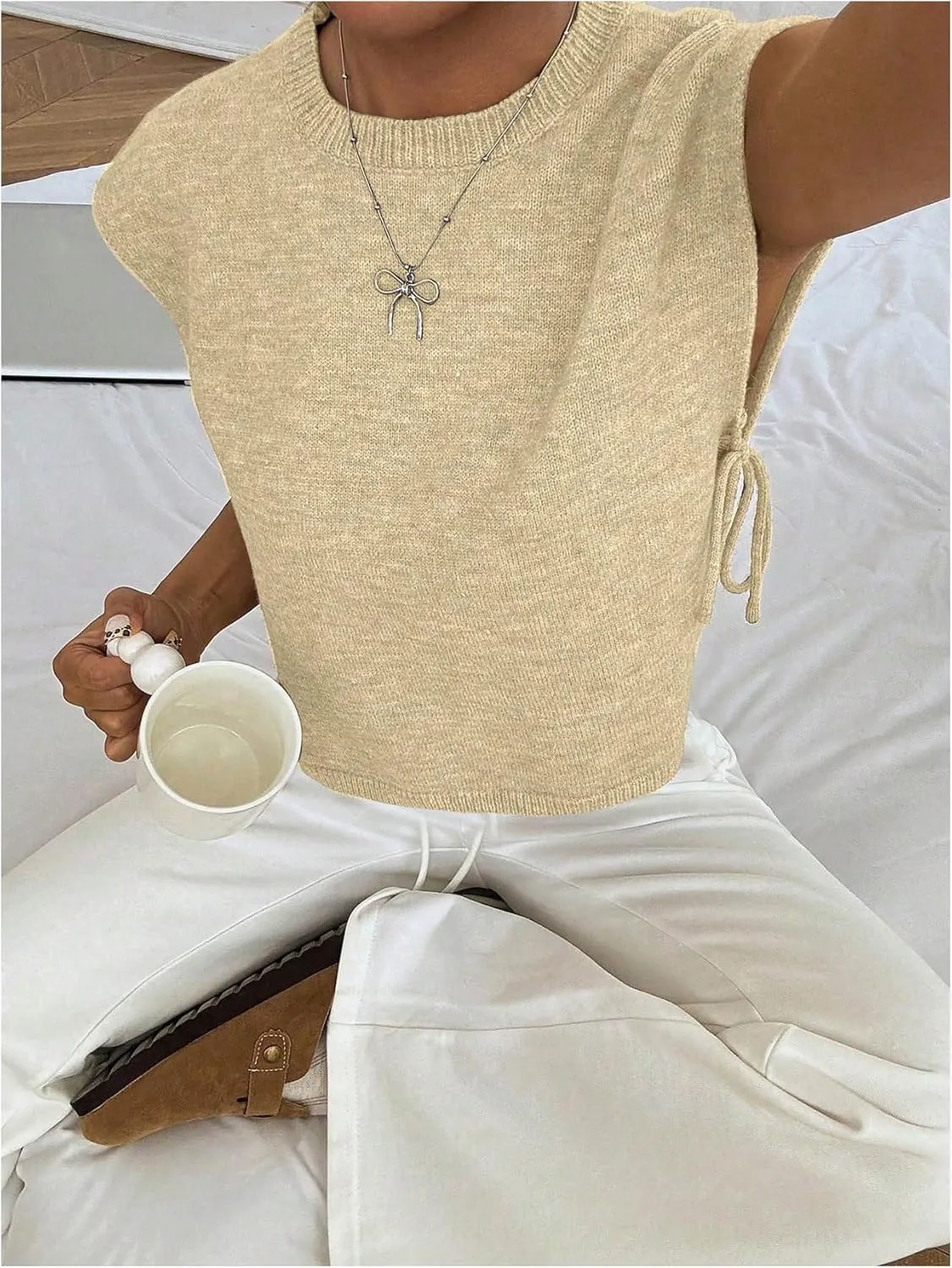 GORGLITTER Women's Cap Sleeve Sweater Tank Tops Cropped Sleeveless Side Tie Sweater Vest Crew Neck Causal Knit Top