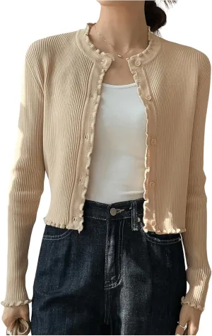 GORGLITTER Women's Knit Cardigan Frill Trim Button Down Crew Neck Cropped Sweater Cardigan