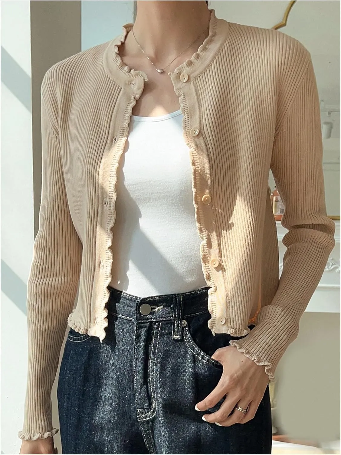 GORGLITTER Women's Knit Cardigan Frill Trim Button Down Crew Neck Cropped Sweater Cardigan