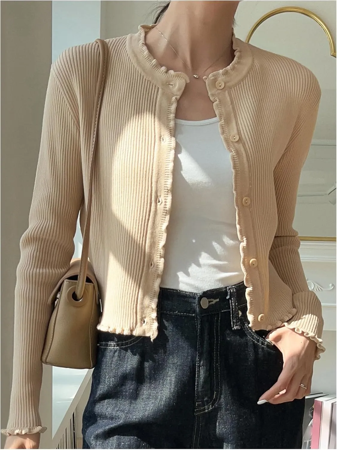 GORGLITTER Women's Knit Cardigan Frill Trim Button Down Crew Neck Cropped Sweater Cardigan