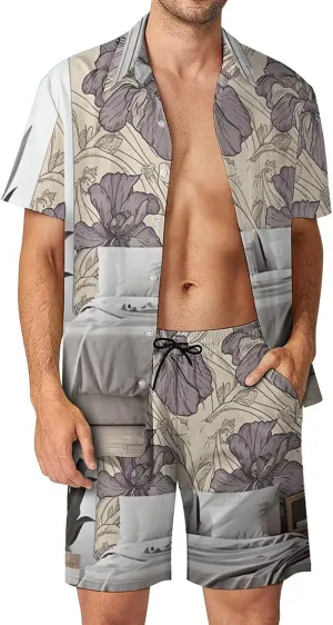 Gray Sheets Mens Swimsuit 2 Pieces Set Quick Dry Shorts Shirts Summer Button Down Short Sleeve Set