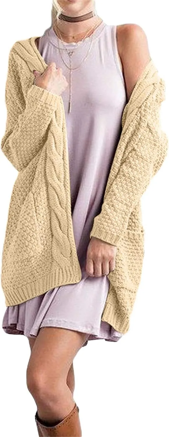 GRECERELLE Women's Loose Open Front Long Sleeve Chunky Knit Cable Cardigans Sweater with Pockets