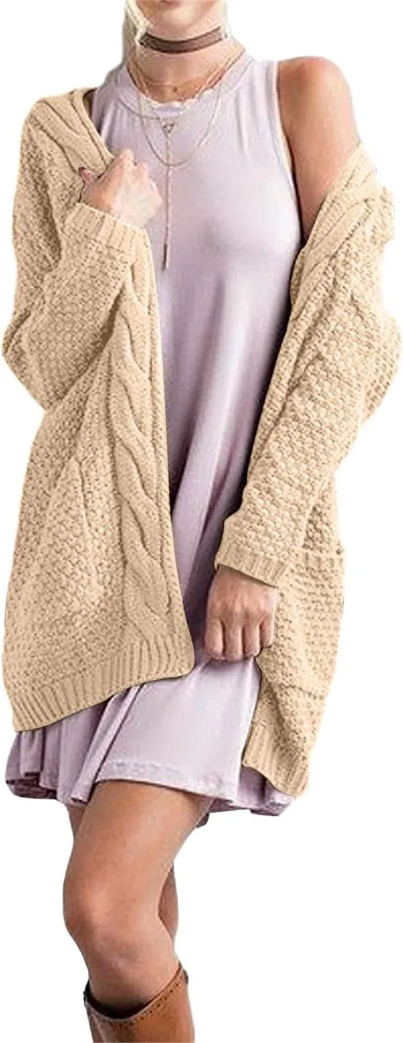 GRECERELLE Women's Loose Open Front Long Sleeve Chunky Knit Cable Cardigans Sweater with Pockets