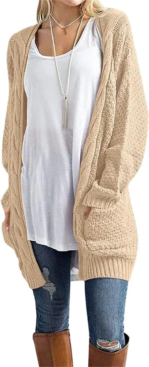 GRECERELLE Women's Loose Open Front Long Sleeve Chunky Knit Cable Cardigans Sweater with Pockets