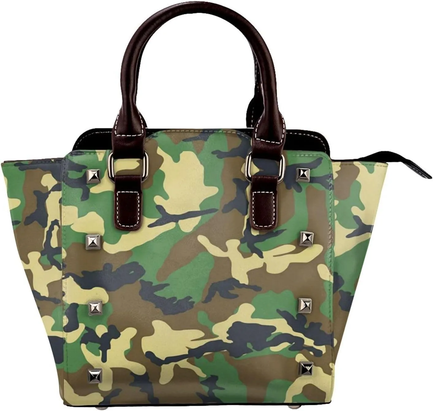 Green Camo Pattern Women Leather Handbag Rivet Shoulder Bag Top Handle Satchel Purse