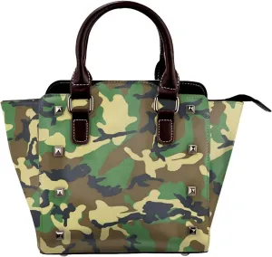 Green Camo Pattern Women Leather Handbag Rivet Shoulder Bag Top Handle Satchel Purse