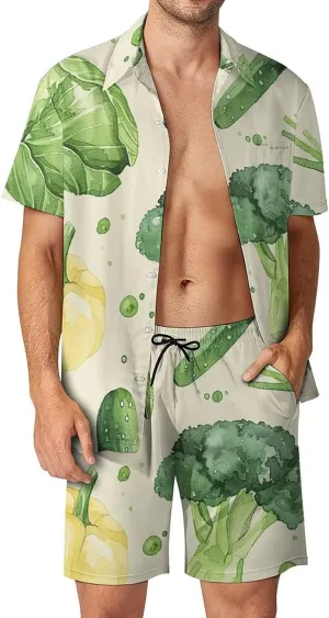 Green Vegetable Painting Mens Swimsuit 2 Pieces Set Quick Dry Shorts Shirts Summer Button Down Short Sleeve Set