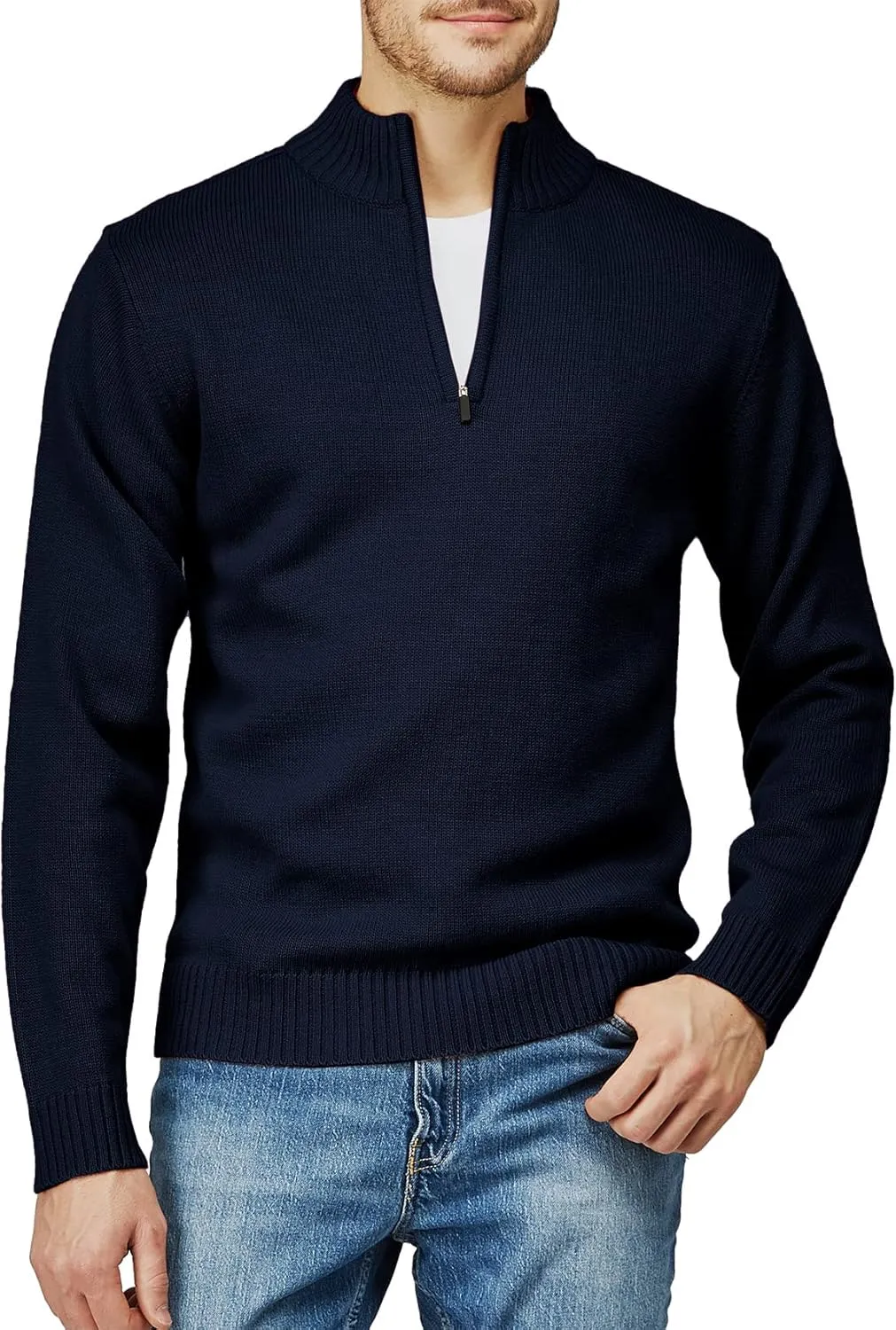 H2H Mens Casual Slim Fit Pullover Sweaters Long Sleeve Knitted Fabric Zip Up Mock Neck Polo Sweater
