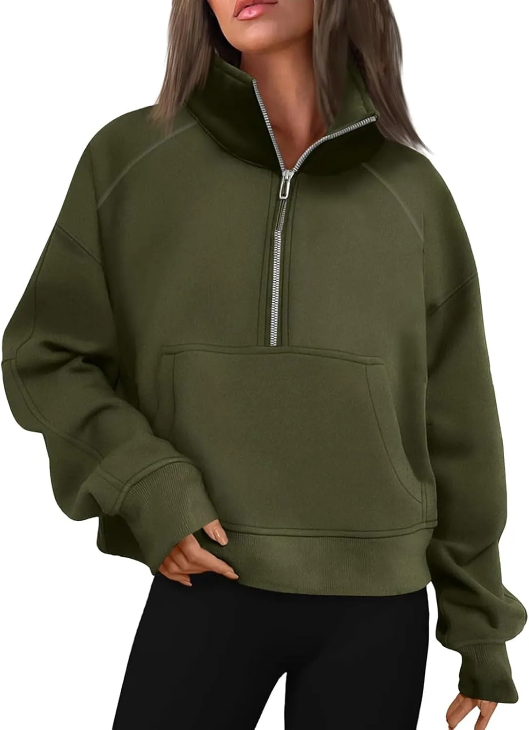 Half Zip Pullover Women Fall Fleece Oversized Sweatshirt Trendy 1/4 Zip Hoodie Y2k Cropped Sweater with Thumb Hole