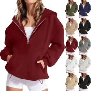 Half Zip Pullover Women Trendy Fleece Quarter Zip Y2k Hoodie Drop Shoulder Baggy Comfy Oversized Sweatshirt w/Pockets