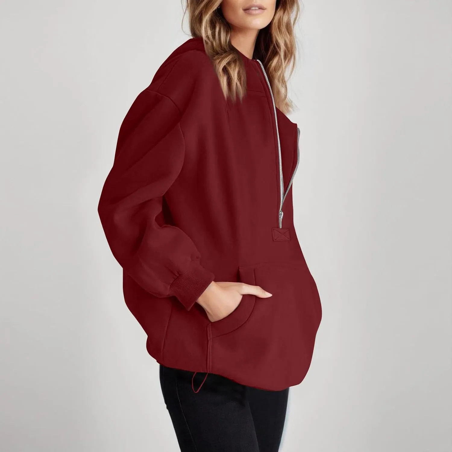 Half Zip Pullover Women Trendy Fleece Quarter Zip Y2k Hoodie Drop Shoulder Baggy Comfy Oversized Sweatshirt w/Pockets