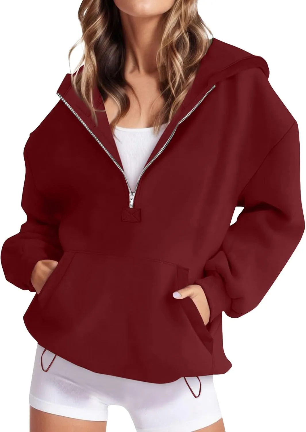 Half Zip Pullover Women Trendy Fleece Quarter Zip Y2k Hoodie Drop Shoulder Baggy Comfy Oversized Sweatshirt w/Pockets
