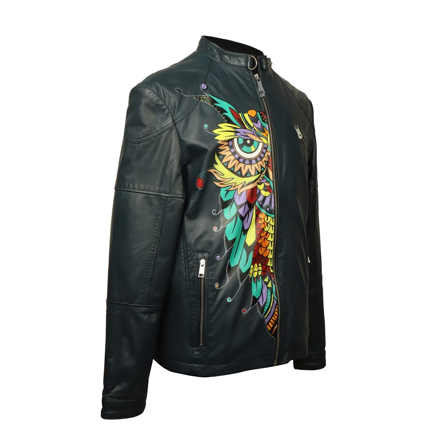 Hand-painted Suger-skull Owl Smokey Blue Leather Jacket By Brune & Bareskin