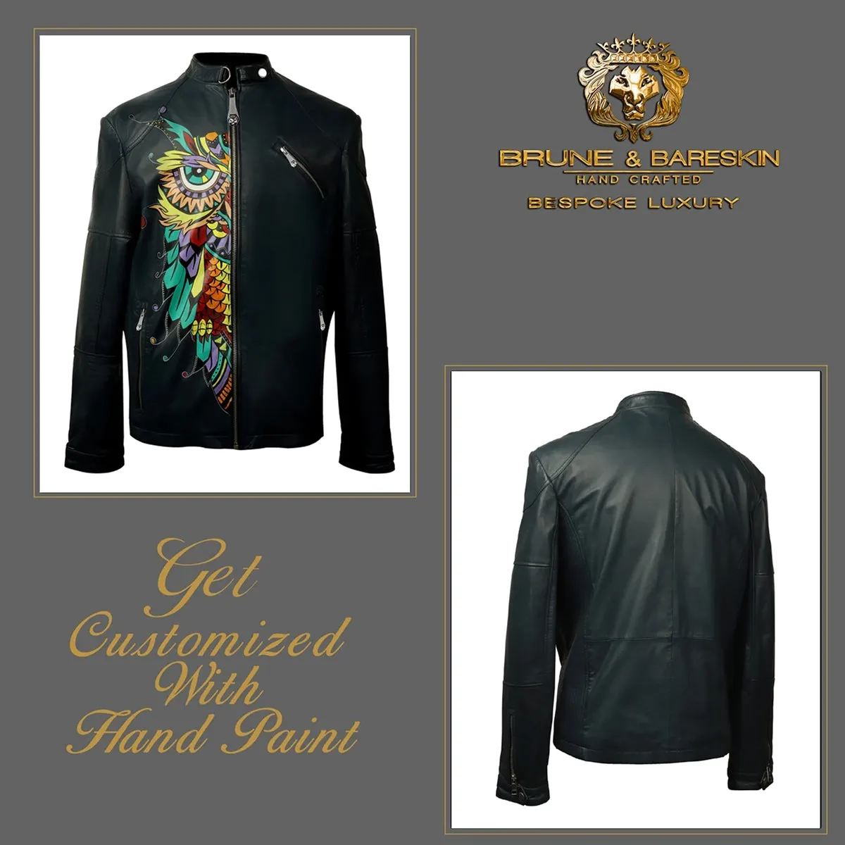 Hand-painted Suger-skull Owl Smokey Blue Leather Jacket By Brune & Bareskin