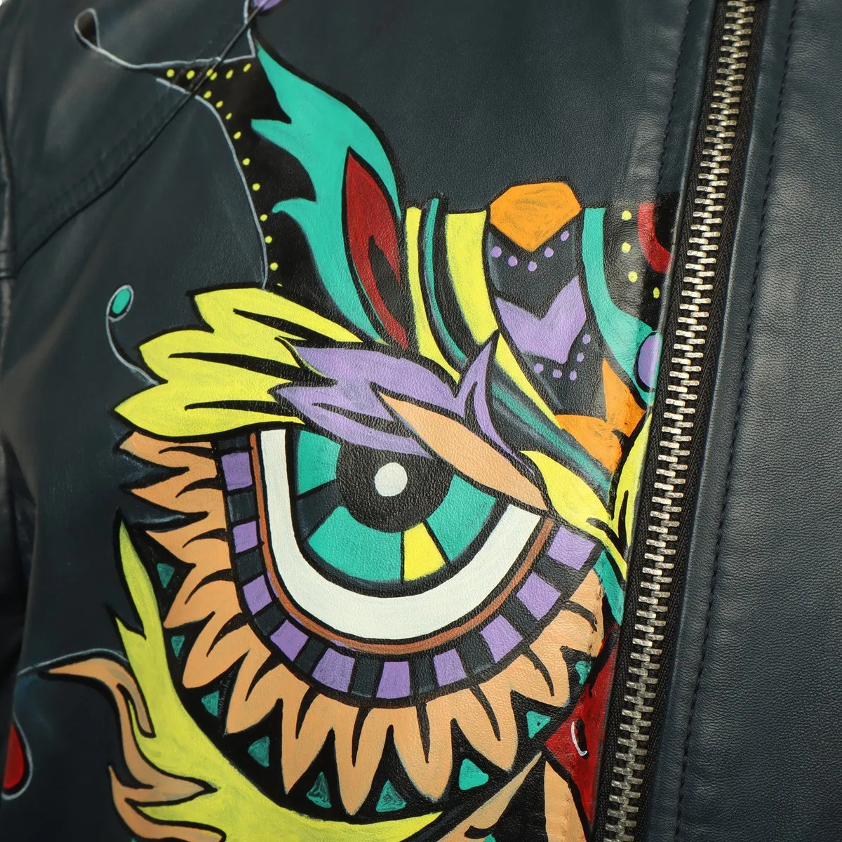 Hand-painted Suger-skull Owl Smokey Blue Leather Jacket By Brune & Bareskin