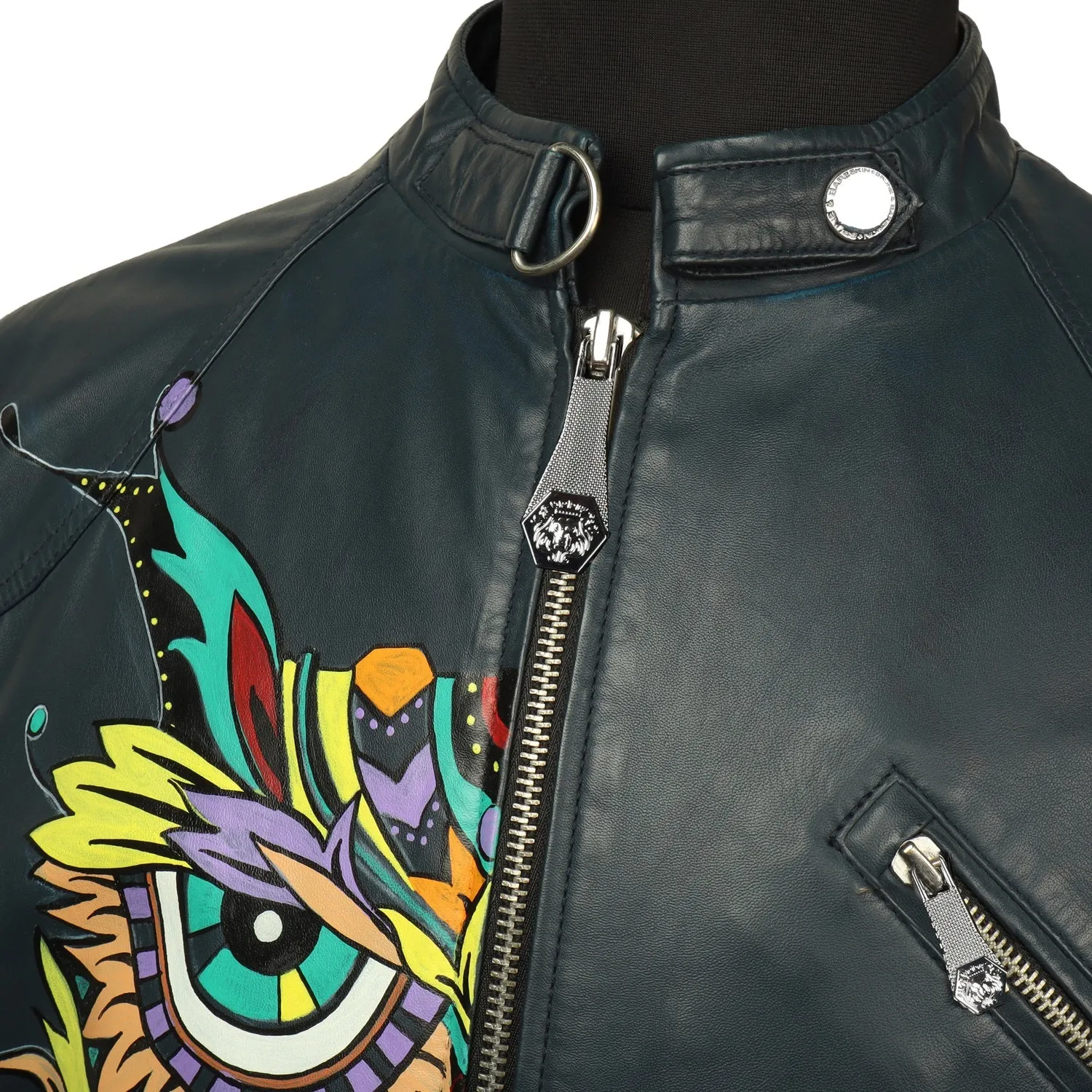 Hand-painted Suger-skull Owl Smokey Blue Leather Jacket By Brune & Bareskin