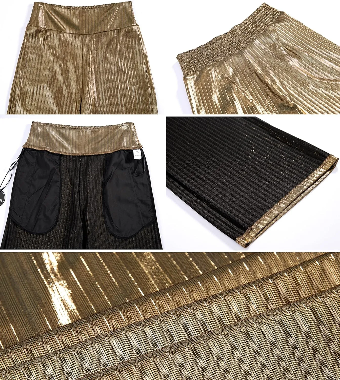 heipeiwa Women's Metallic Wide Leg Palazzo Pants Rib Pleated Smocked Waist Party Club Sequin Slacks Pant