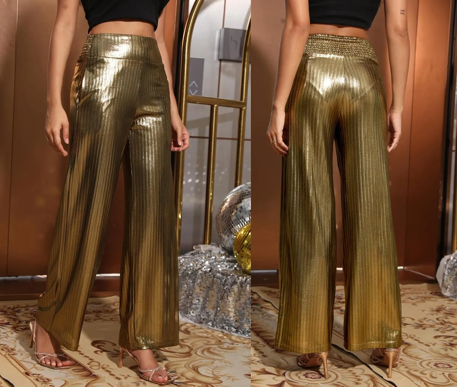 heipeiwa Women's Metallic Wide Leg Palazzo Pants Rib Pleated Smocked Waist Party Club Sequin Slacks Pant