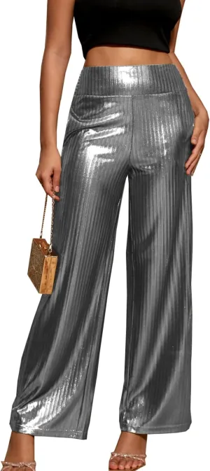 heipeiwa Women's Metallic Wide Leg Palazzo Pants Rib Pleated Smocked Waist Party Club Sequin Slacks Pant