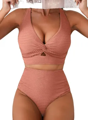 Herseas Women's Textured Bikini Sets Twist Front Top Swimsuits High Waisted Bathing Suits