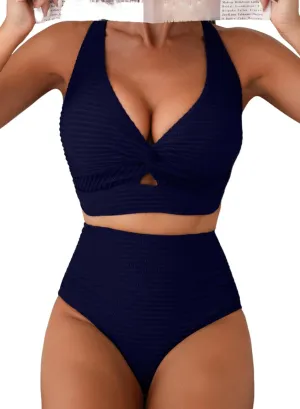 Herseas Women's Textured Bikini Sets Twist Front Top Swimsuits High Waisted Bathing Suits