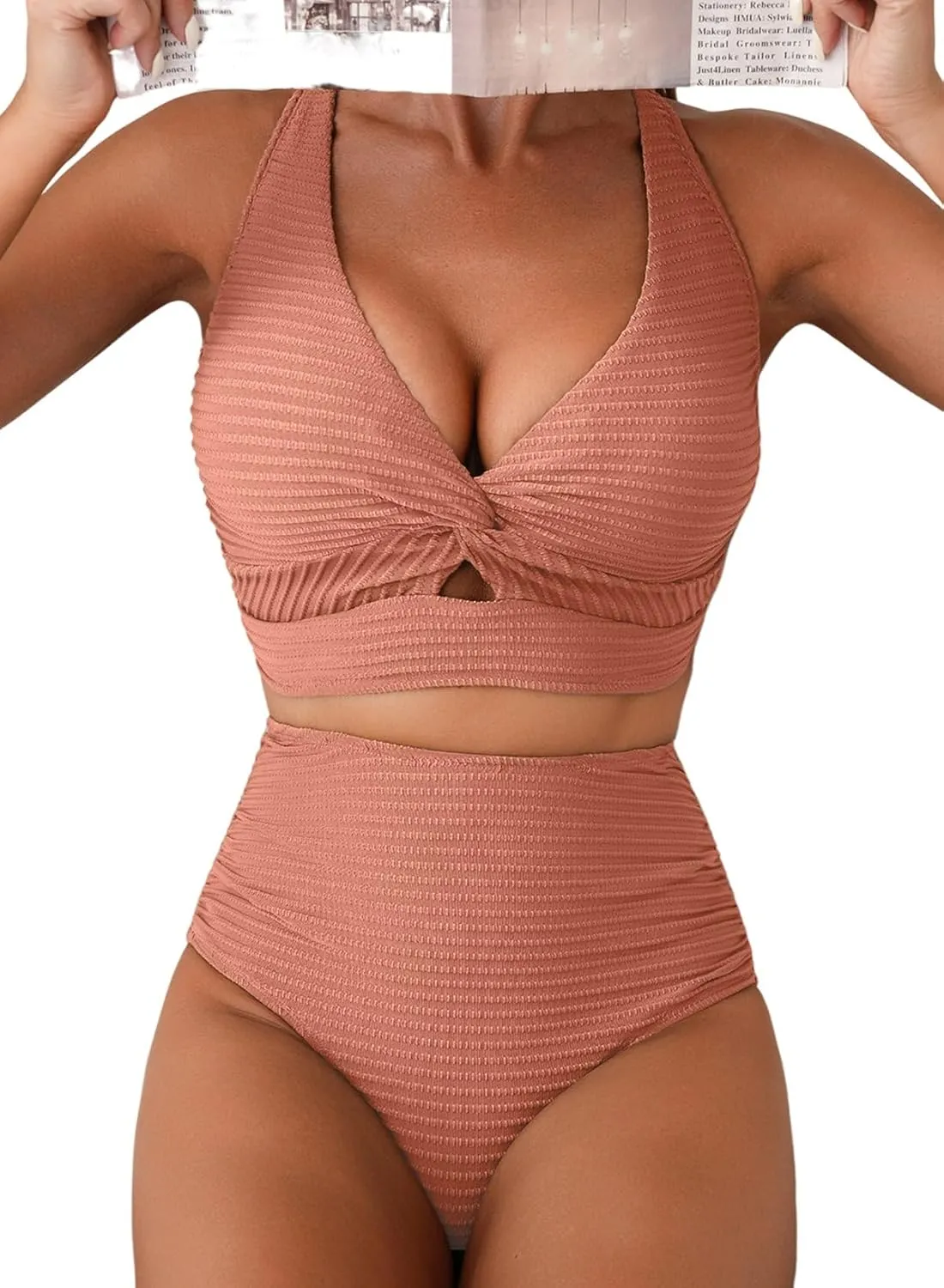 Herseas Women's Textured Bikini Sets Twist Front Top Swimsuits High Waisted Bathing Suits