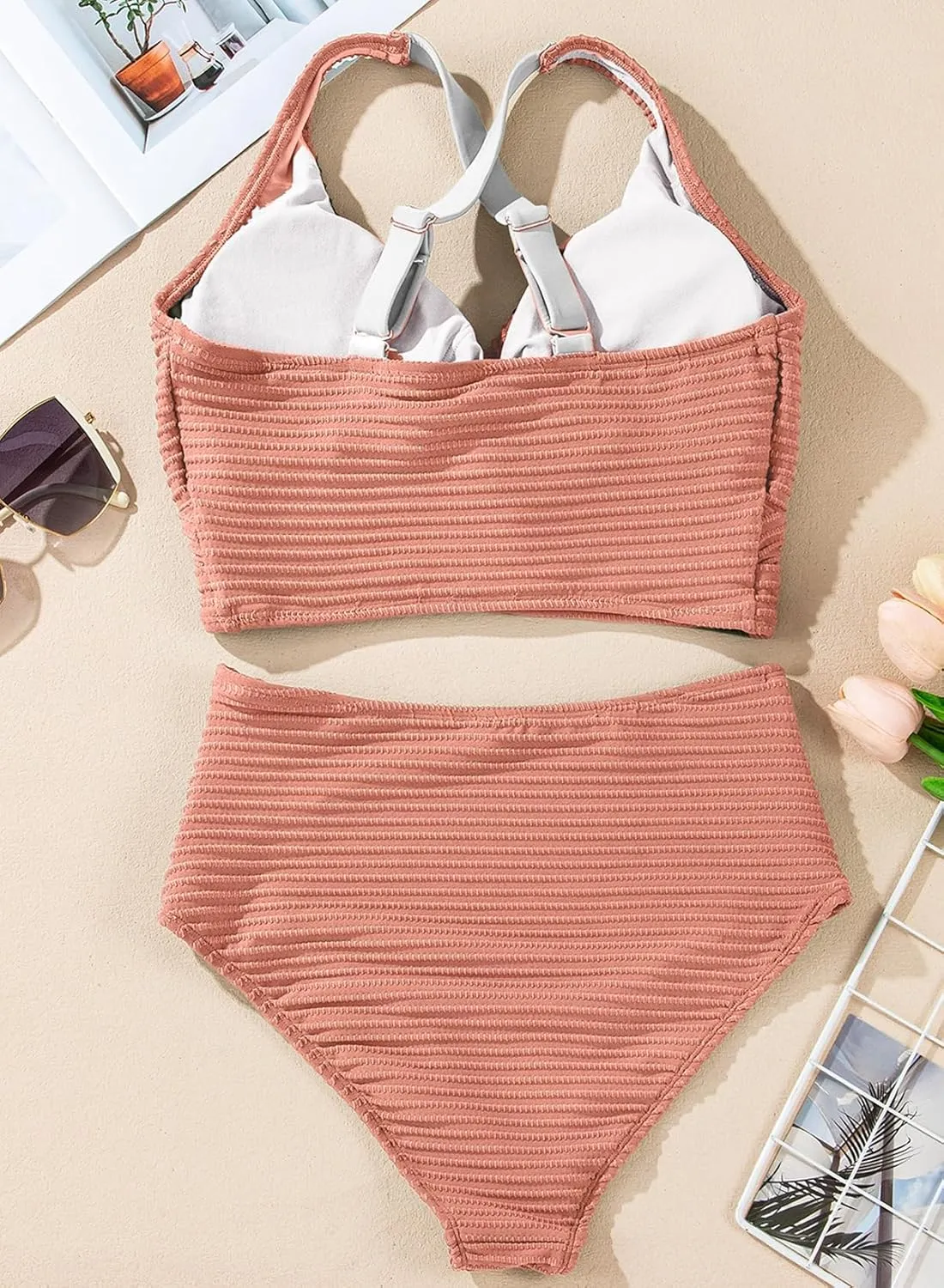 Herseas Women's Textured Bikini Sets Twist Front Top Swimsuits High Waisted Bathing Suits
