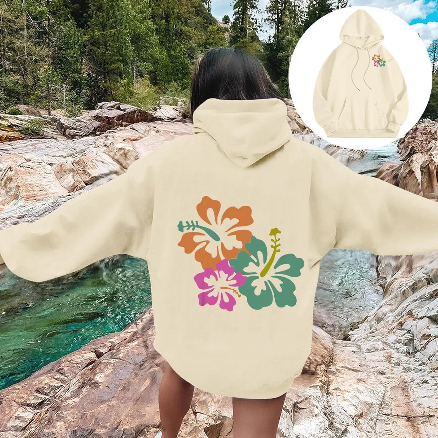 Hibiscus Flower Hoodie for Women Floral Pullover Sweatshirt Casual Oversized Hooded Top Pocket Streetwear Fall Fashion