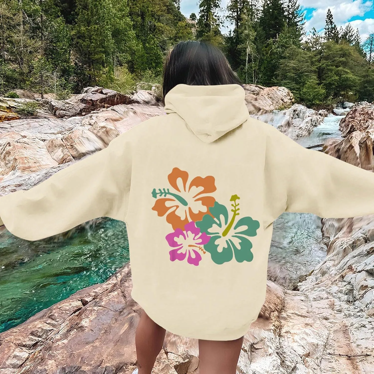 Hibiscus Flower Hoodie for Women Floral Pullover Sweatshirt Casual Oversized Hooded Top Pocket Streetwear Fall Fashion